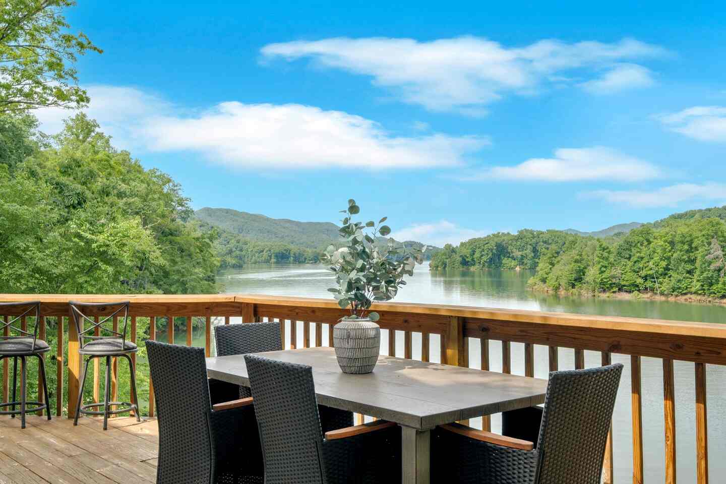 Looking out from the deck dining table across Watauga Lake to the far shore.