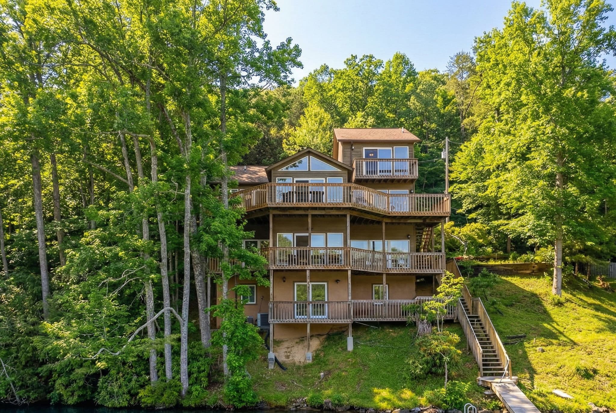 The lake side of the house and its four levels of decks.